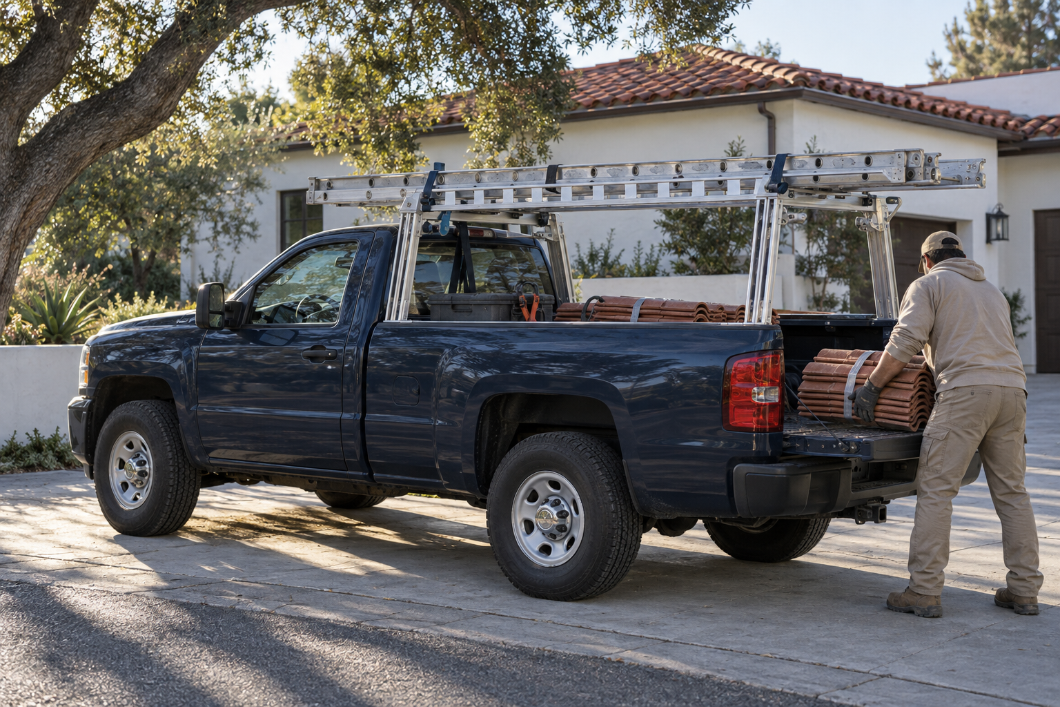 Service truck with a ladder rack parked at a concrete driveway while a roofer unloads a bundle of clay tile