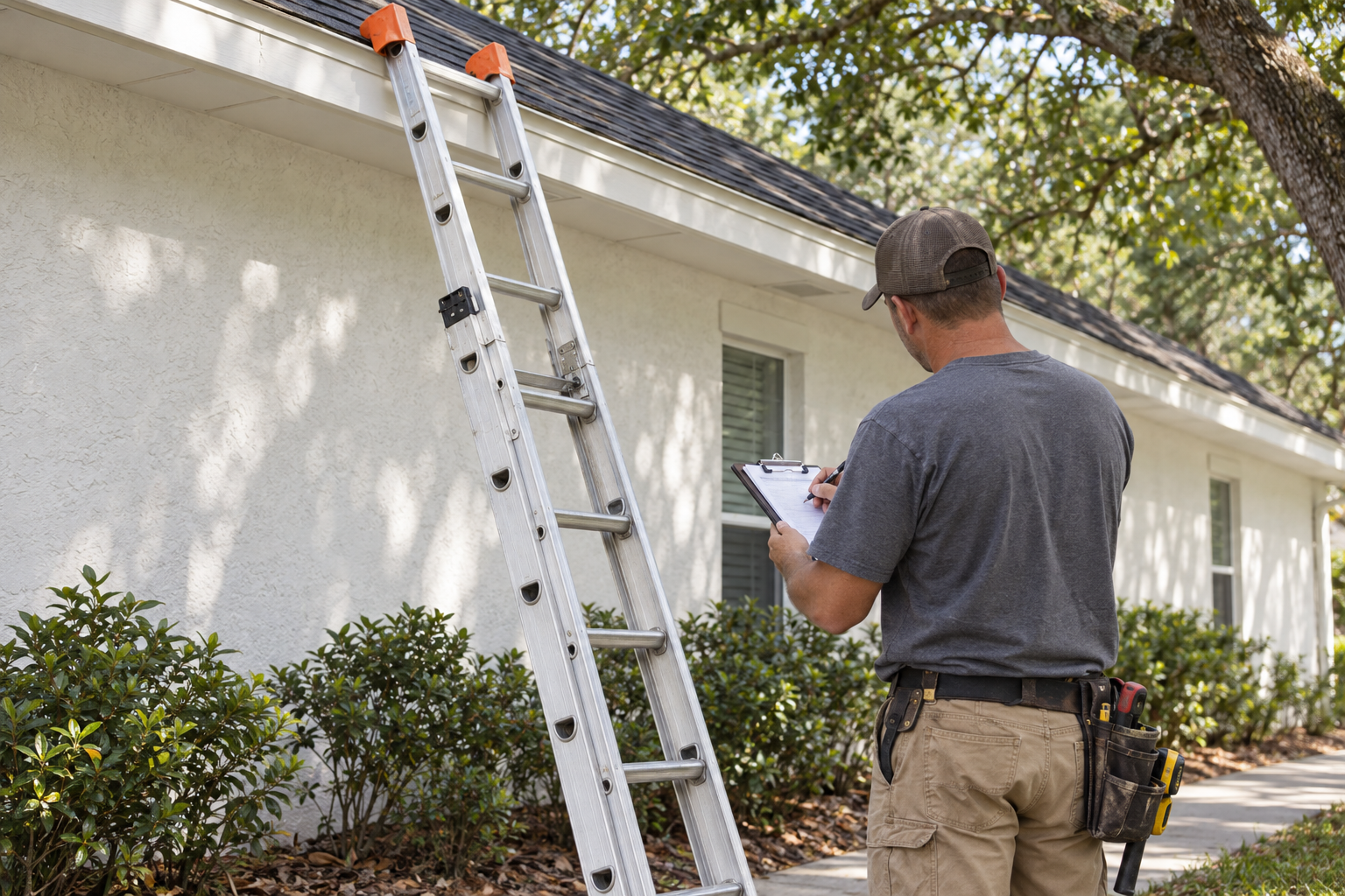 Roofer with a clipboard at the foot of a ladder against a stucco house eave, ready for a roof repair inspection