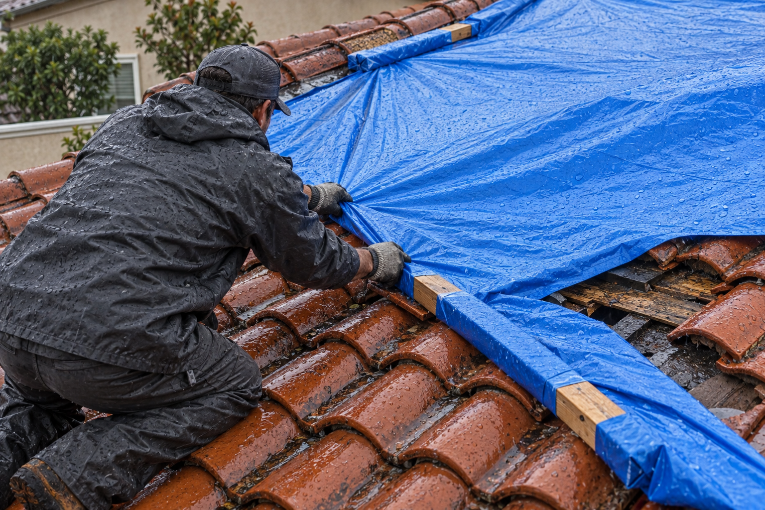 emergency roof repair tarp on a Santa Barbara roof