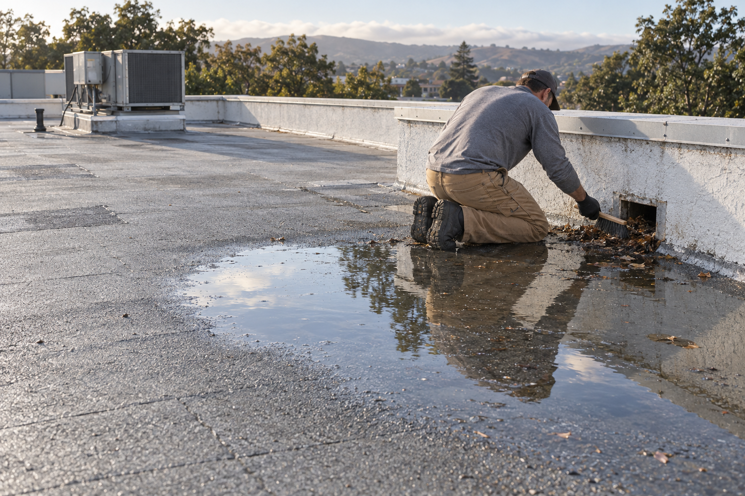 Standing water beside a clogged scupper on a flat built-up roof while a roofer sweeps debris from the drain