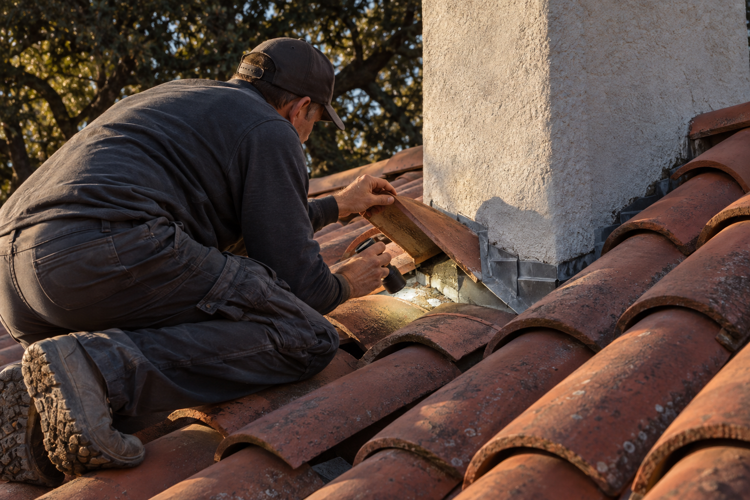 Roofer lifting a clay tile beside a chimney to check the step flashing during a roof repair