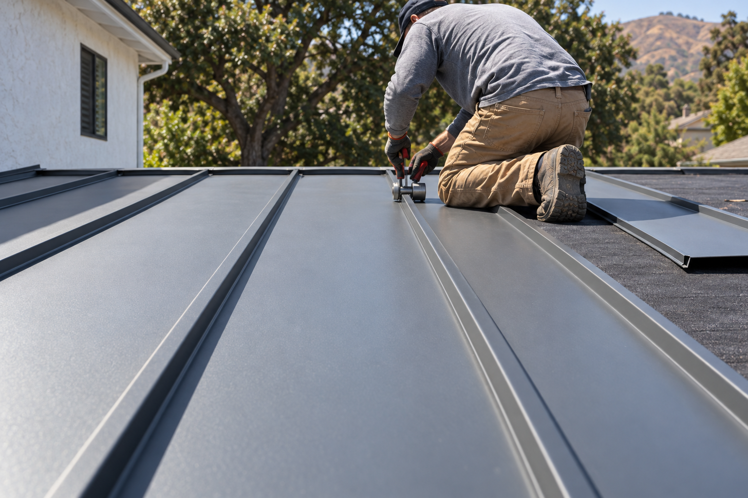 Roofer crimping the seam of a standing seam metal panel on a low outbuilding roof