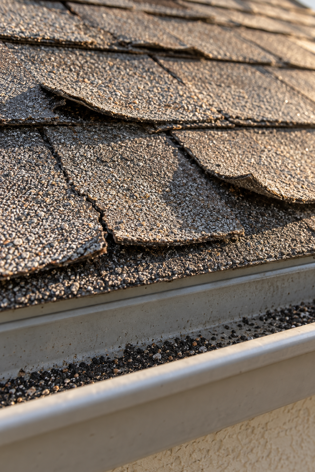 Weathered asphalt shingles curling at their edges with a crack through a tab and grit collected in the gutter below
