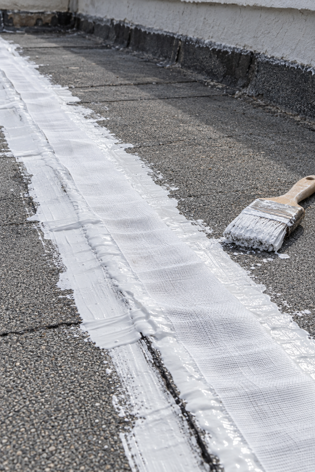 Lap seam on a grey flat roof covered with reinforcing fabric set in wet white coating