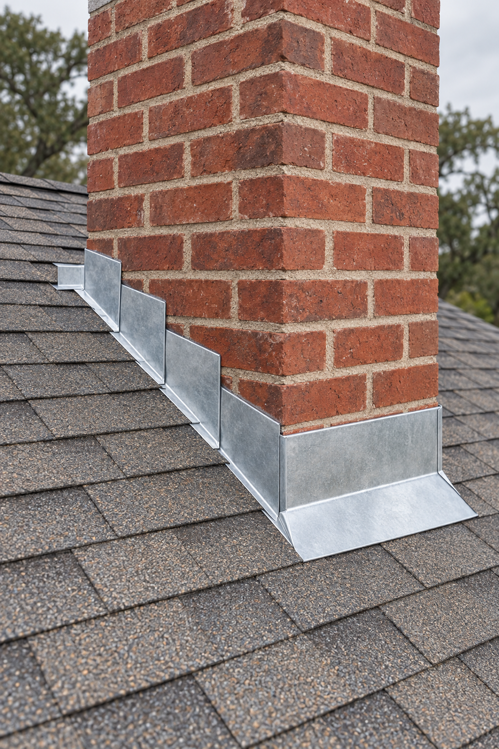New metal flashing wrapped around the base of a brick chimney on a shingle roof