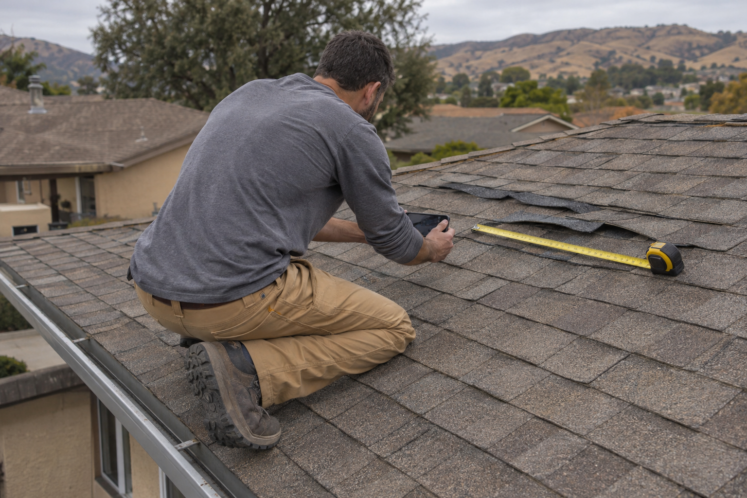 Roofer photographing wind-lifted asphalt shingles with a phone, a tape measure laid across the damaged tabs, for a roof insurance claim