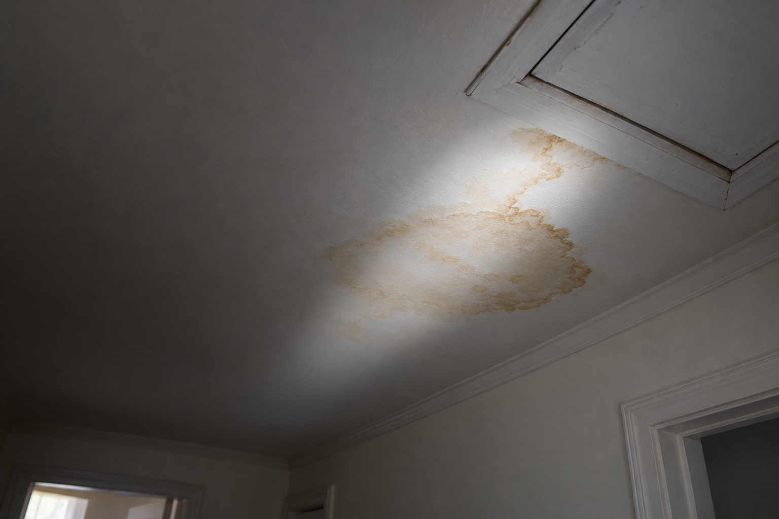 Brown water stain on a ceiling lit by a flashlight beam that leads toward the attic hatch