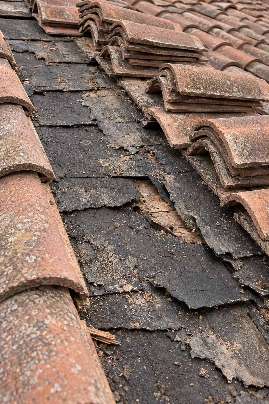 Clay tiles lifted off a roof to show brittle, torn felt underlayment on the wood deck
