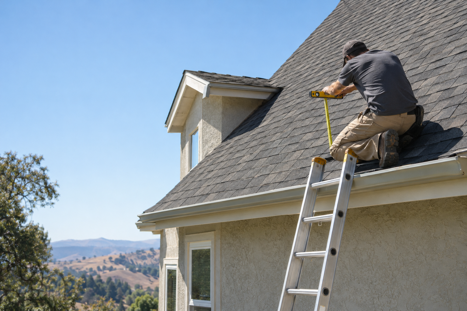 Roofer measuring the pitch of a steep two-story roof at the eave before a roof repair