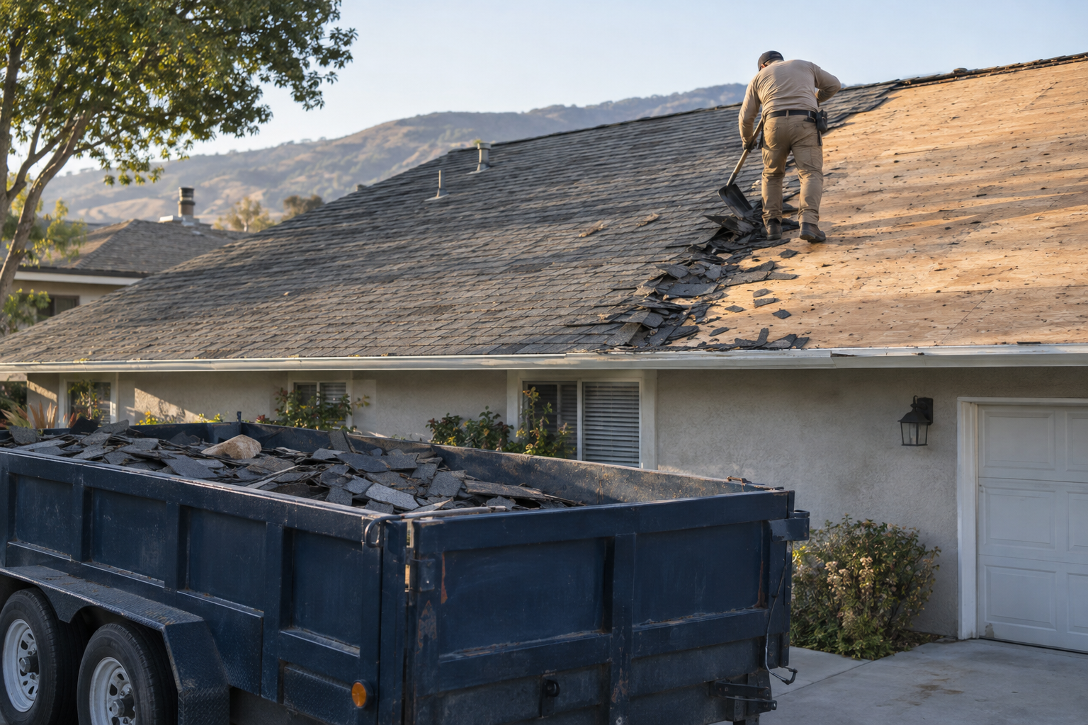 Old asphalt shingles stripped to bare plywood on half of a roof slope during a tear-off, a dump trailer parked in the driveway below