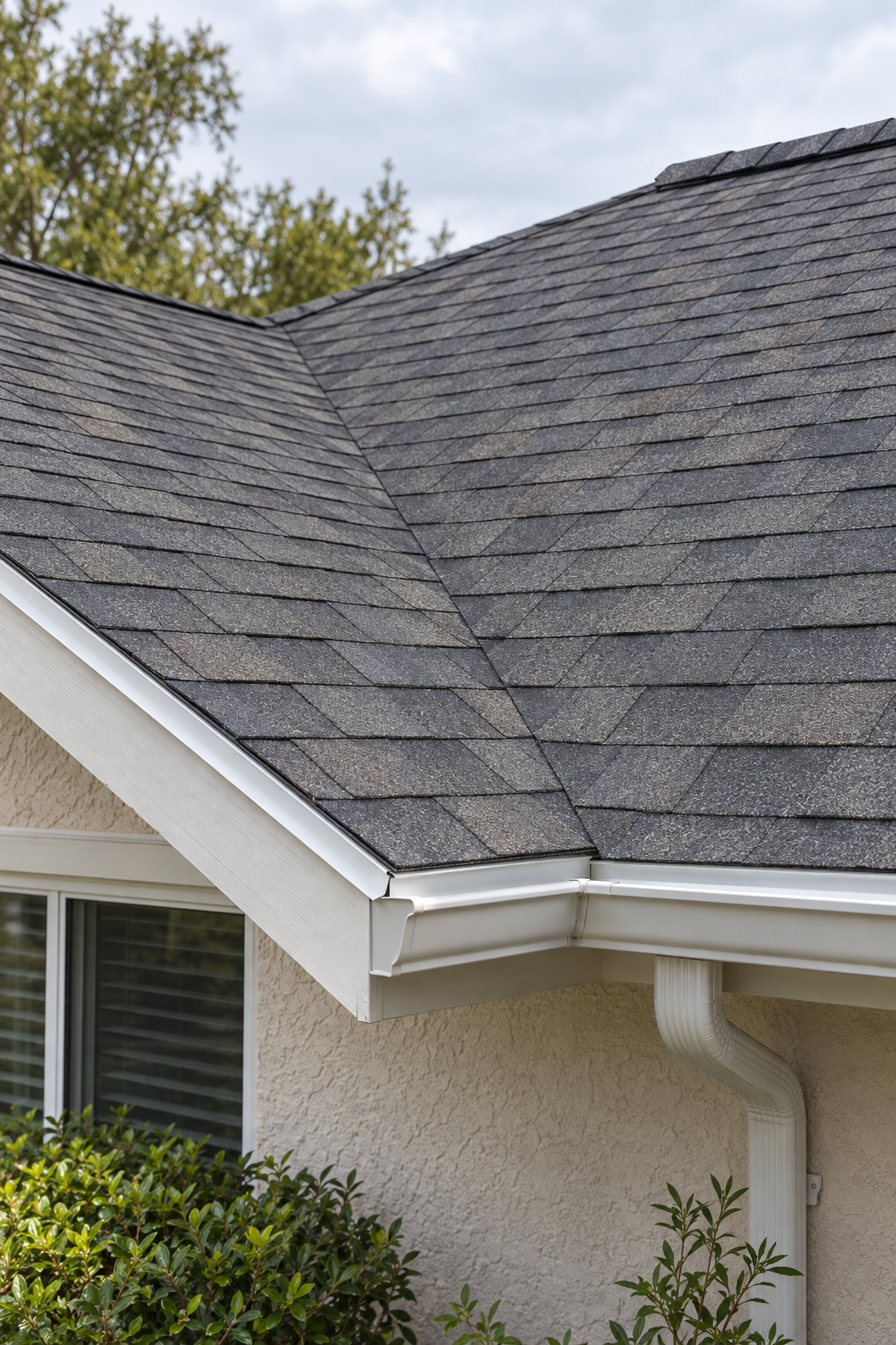 A newly installed shingle roof seen from the yard, with straight courses, a clean valley and new drip edge along the eave
