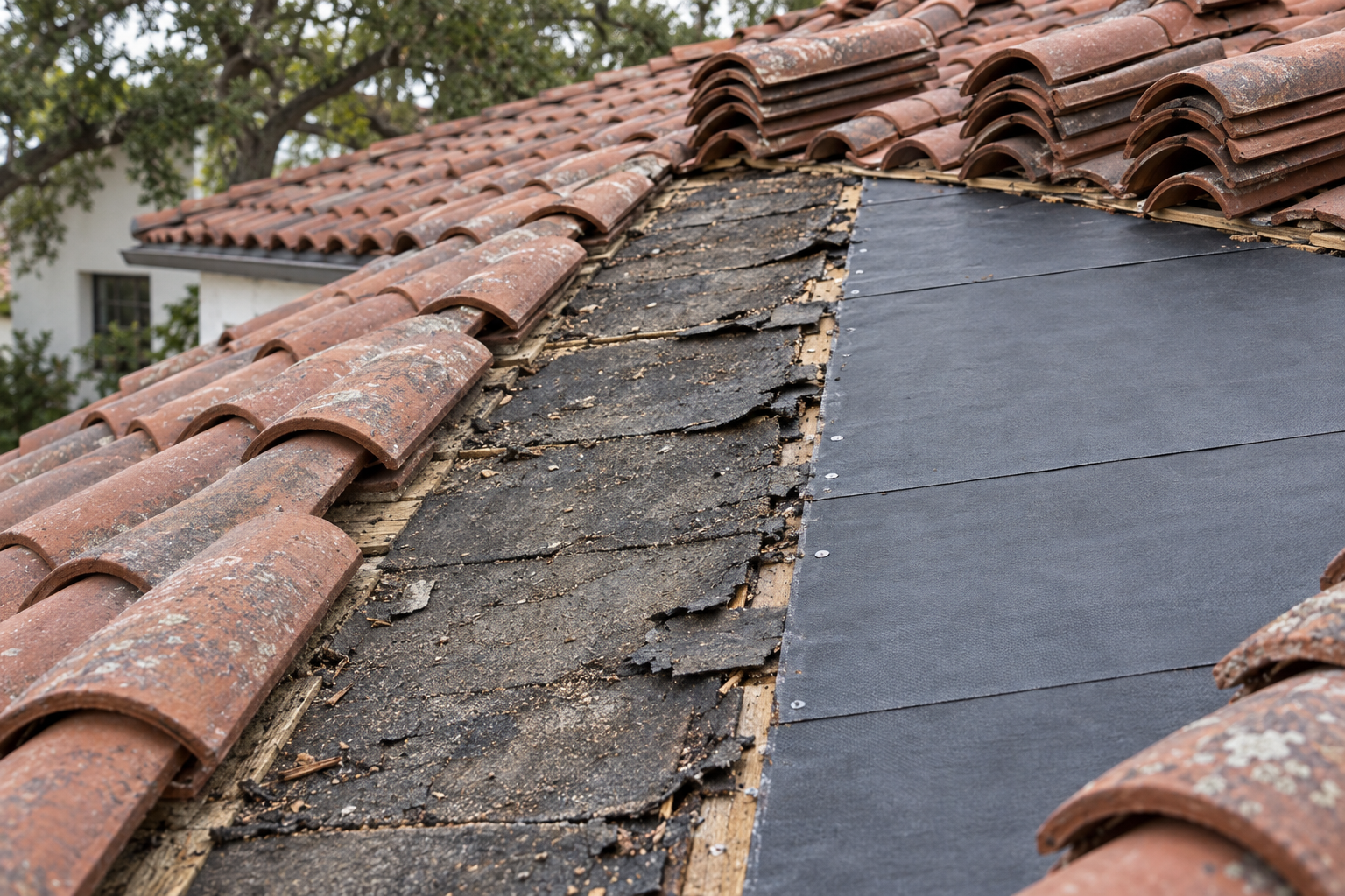 Cracked old felt next to a strip of new roof underlayment, with lifted clay tile stacked along the slope