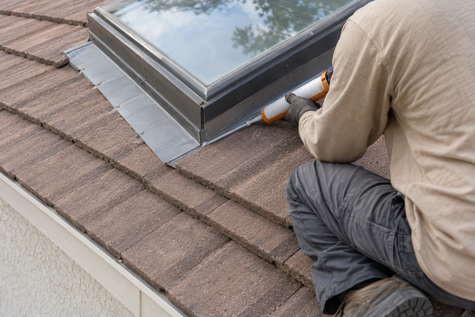 Roofer running sealant along the flashing of a curb-mounted skylight on a tile roof during skylight repair