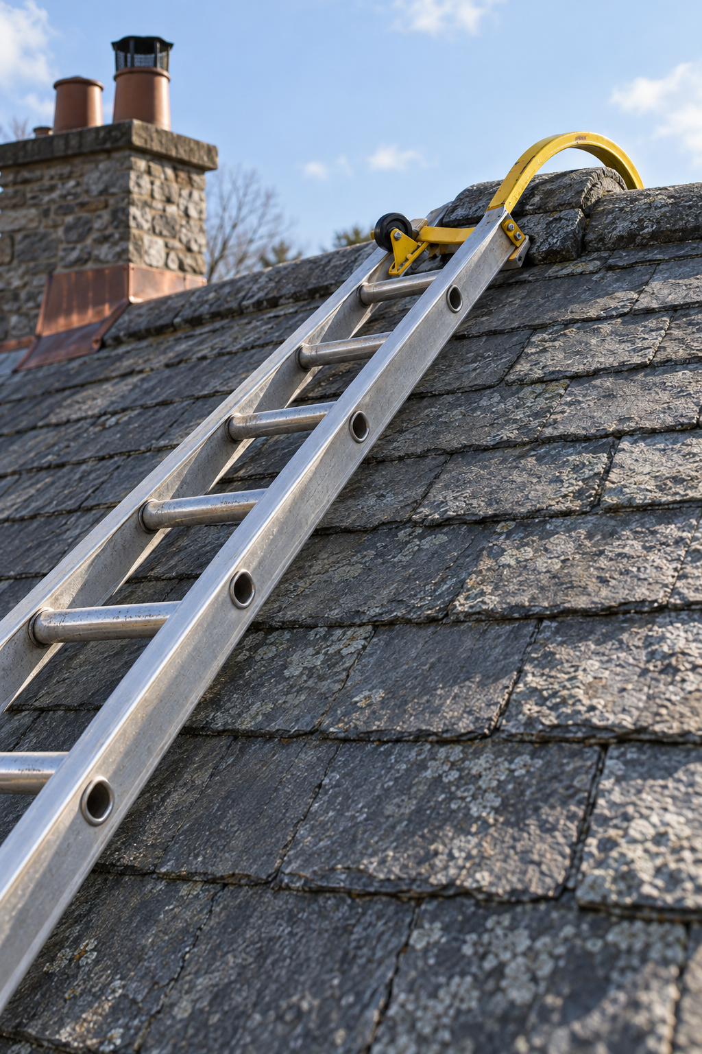 Roof ladder hooked over the ridge of a slate roof, its rails resting along the slope