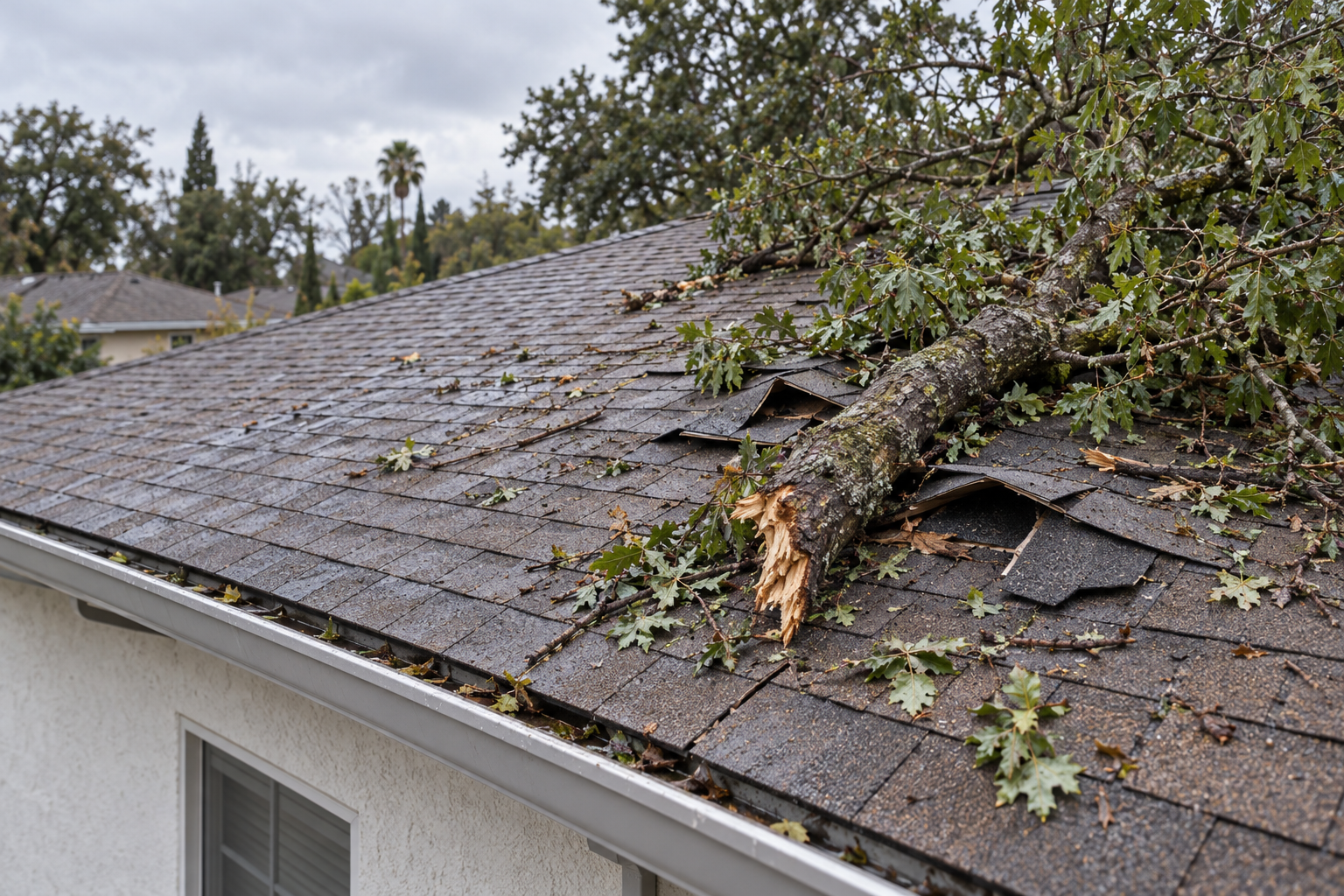 Fallen oak limb lying across a shingle roof with lifted tabs around it, the kind of break storm damage roof repair fixes
